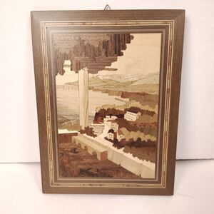 Vtg Marquetry All Inlaid Wood Italian Made City Scene Wall Hanging Picture
